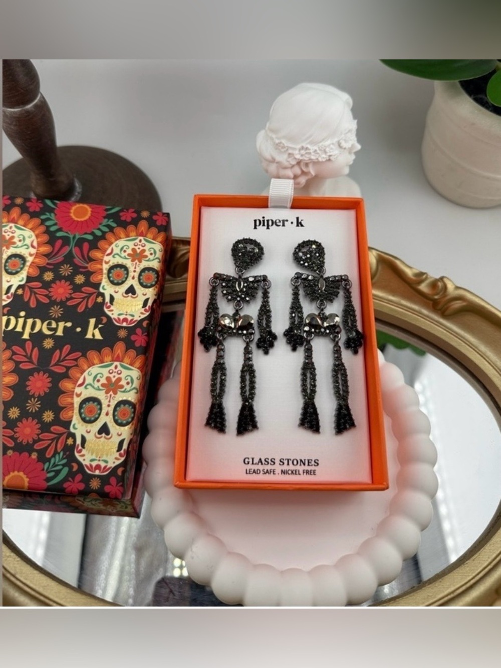 Piper Black Crystal Skull Tassel Drop Earrings